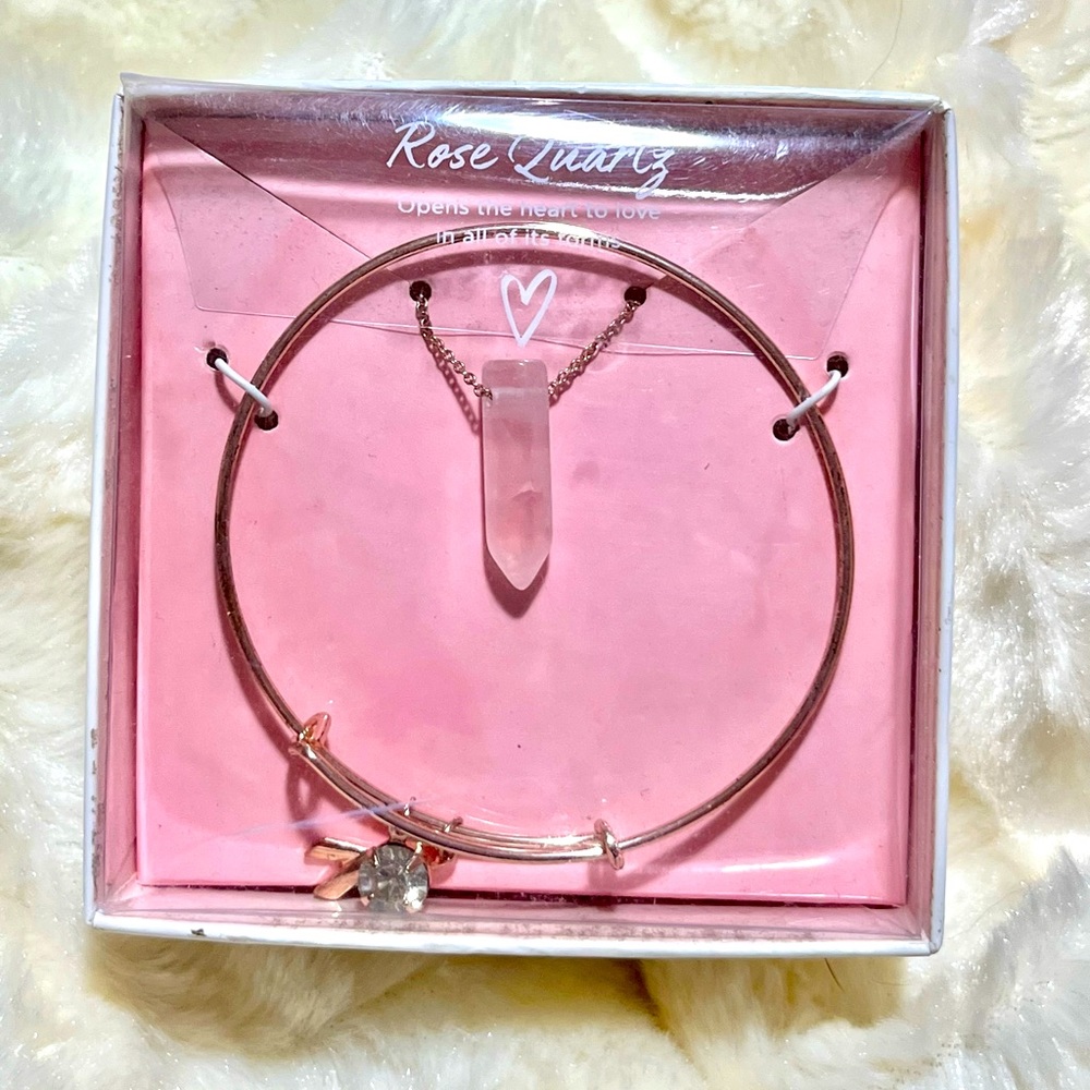 Rose quartz necklace with bangle charm bracelet
